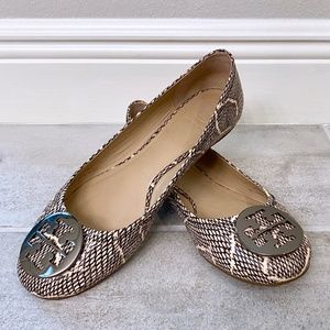TORY BURCH Cobra Print and Pewter Logo Flats